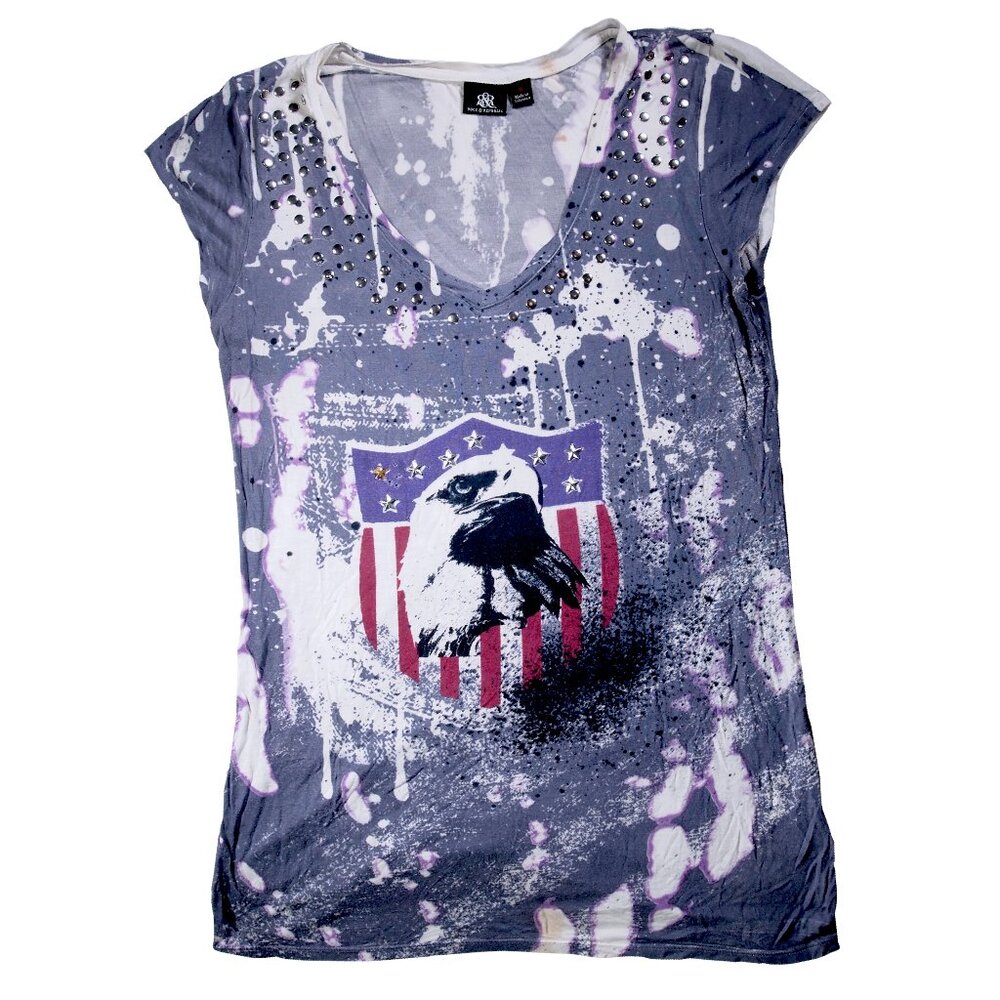 Rock & Republic Patriotic Top, Ladies Size Medium, Eagle, Silver Stars, Rivets